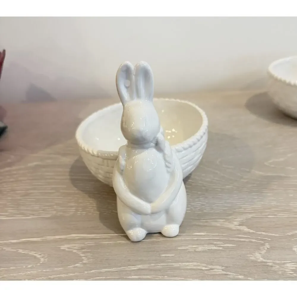 White Ceramic Bunny Bowl‎ Easter Farmhouse Candy Trinket Dish Happy Easter NWOT